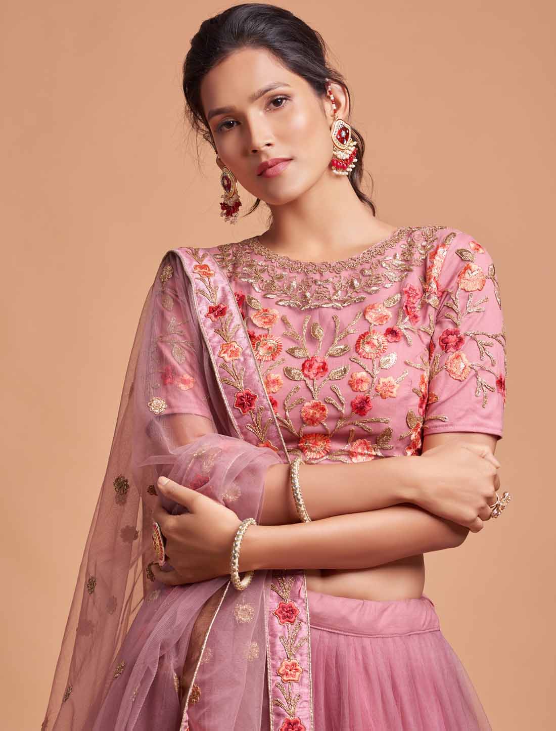 Dusty Pink Ethnic Soft Net Zari Badal Dori Thread Embroidery Lehenga Choli