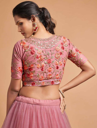 Dusty Pink Ethnic Soft Net Zari Badal Dori Thread Embroidery Lehenga Choli