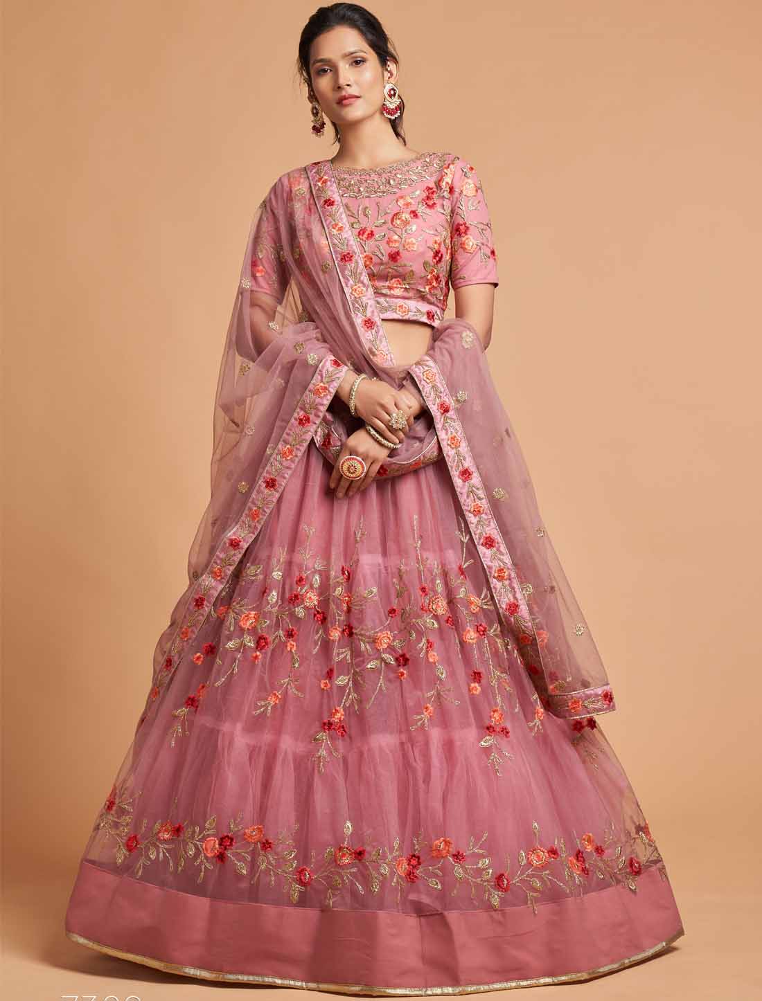 Dusty Pink Ethnic Soft Net Zari Badal Dori Thread Embroidery Lehenga Choli