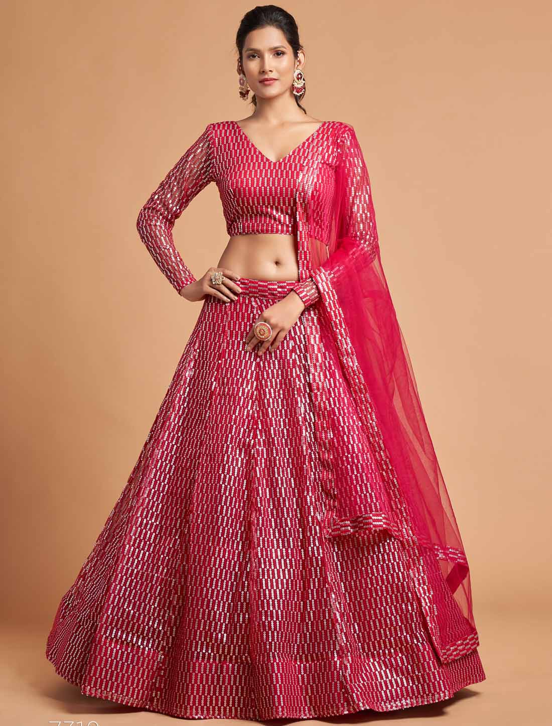 Hot Pink Soft Net Thread Multipal Sequins Embroidery Ethnic Lehenga Choli