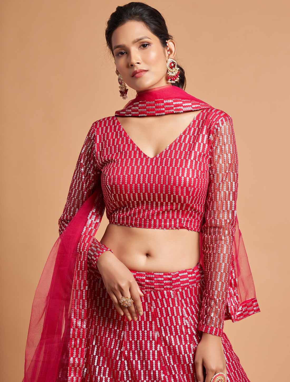 Hot Pink Soft Net Thread Multipal Sequins Embroidery Ethnic Lehenga Choli