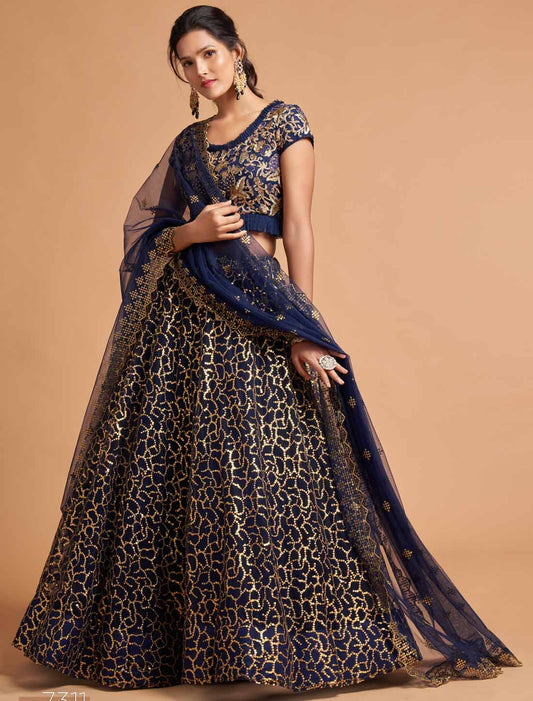 Blue Soft Net Zari Badal An Dori Thread Embroidery Ethnic Lehenga Choli