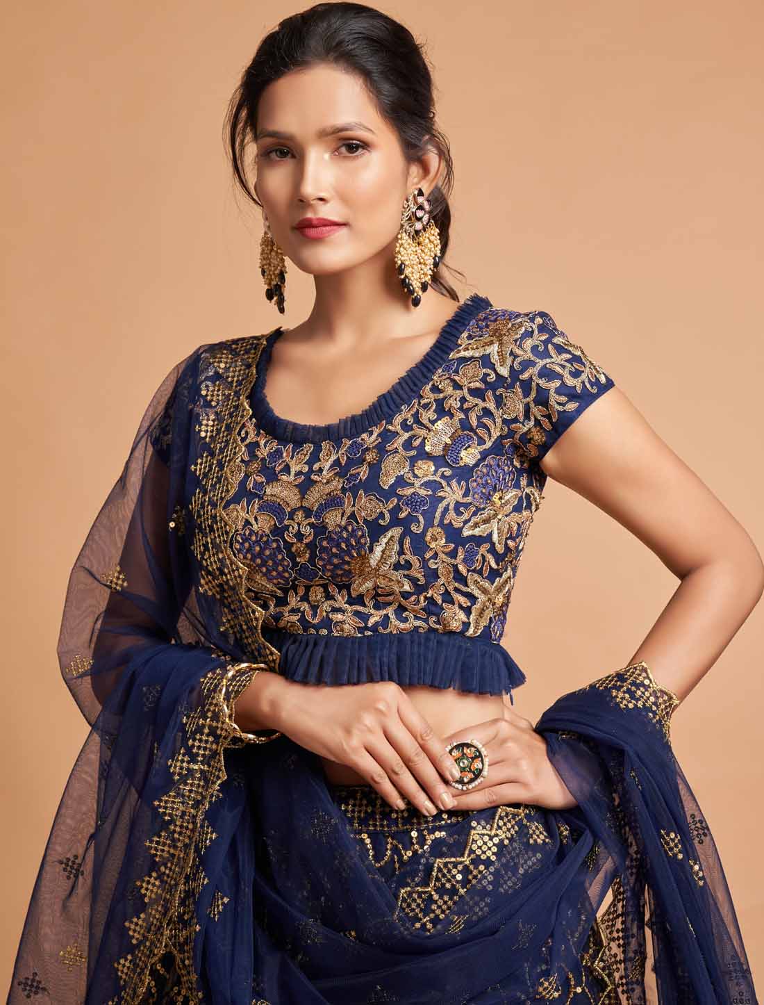 Blue Soft Net Zari Badal An Dori Thread Embroidery Ethnic Lehenga Choli