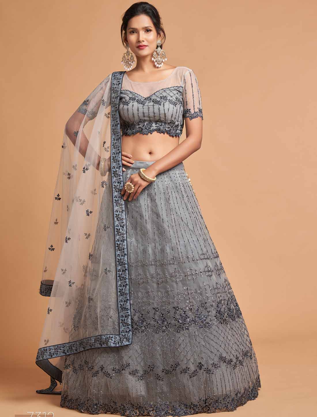 Grey Soft Net Zari Badal Dori Thread Embroidery Ethnic Lehenga Choli