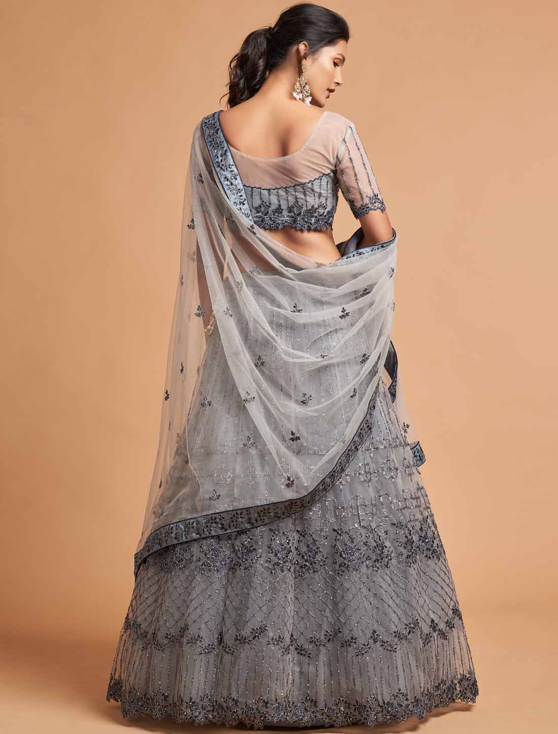 Grey Soft Net Zari Badal Dori Thread Embroidery Ethnic Lehenga Choli