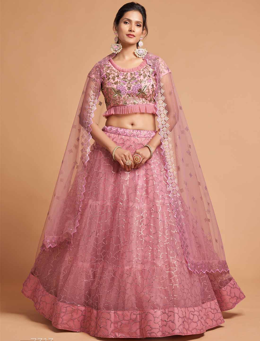 Blush Pink Ethnic Soft Net Zari Badal Dori Thread Embroidery Lehenga Choli