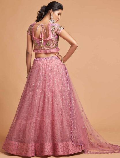 Blush Pink Ethnic Soft Net Zari Badal Dori Thread Embroidery Lehenga Choli