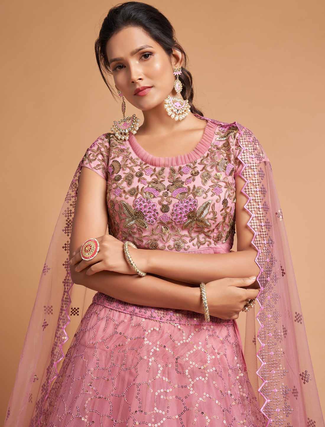 Blush Pink Ethnic Soft Net Zari Badal Dori Thread Embroidery Lehenga Choli