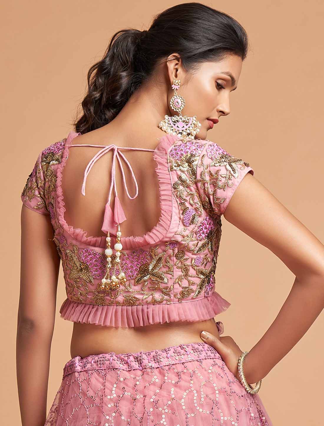 Blush Pink Ethnic Soft Net Zari Badal Dori Thread Embroidery Lehenga Choli