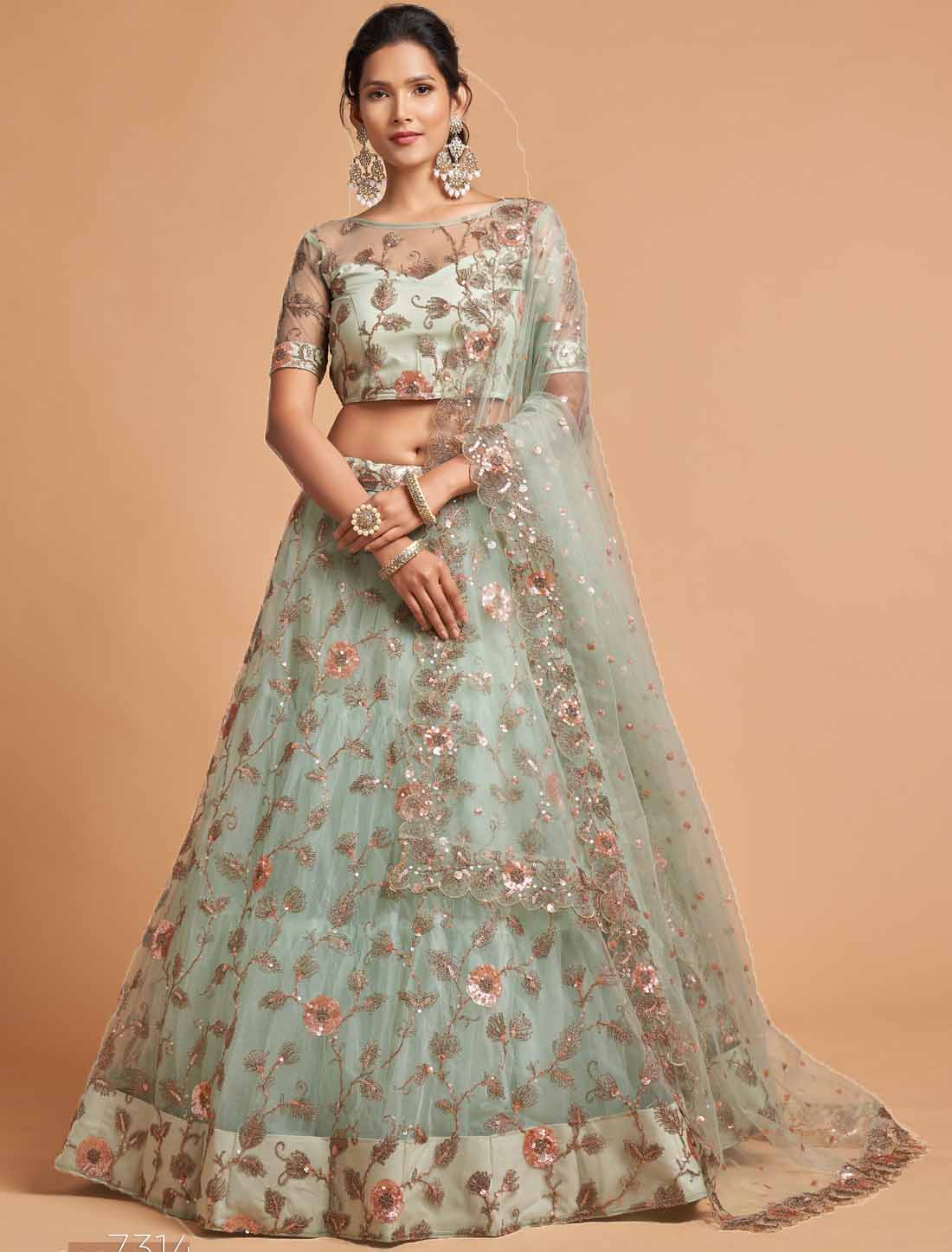Sky Blue Soft Net Zari Badal Dori Thread Embroidery Ethnic Lehenga Chol