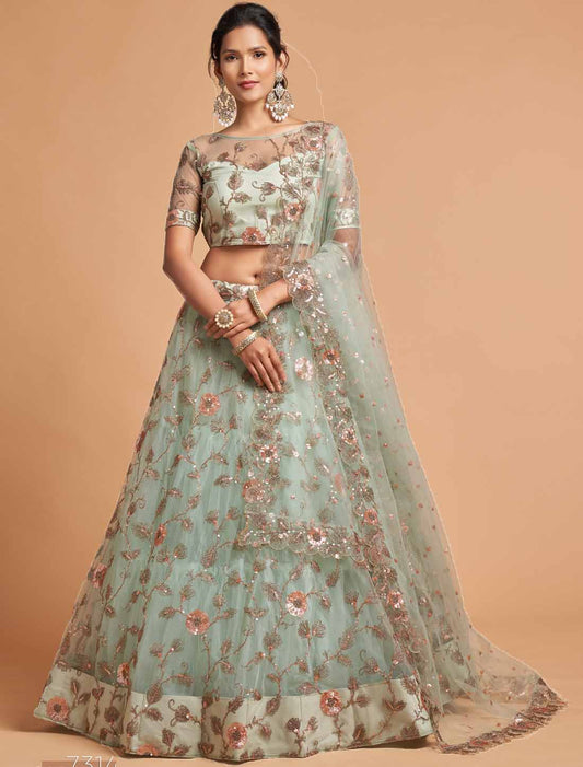 Sky Blue Soft Net Zari Badal Dori Thread Embroidery Ethnic Lehenga Chol