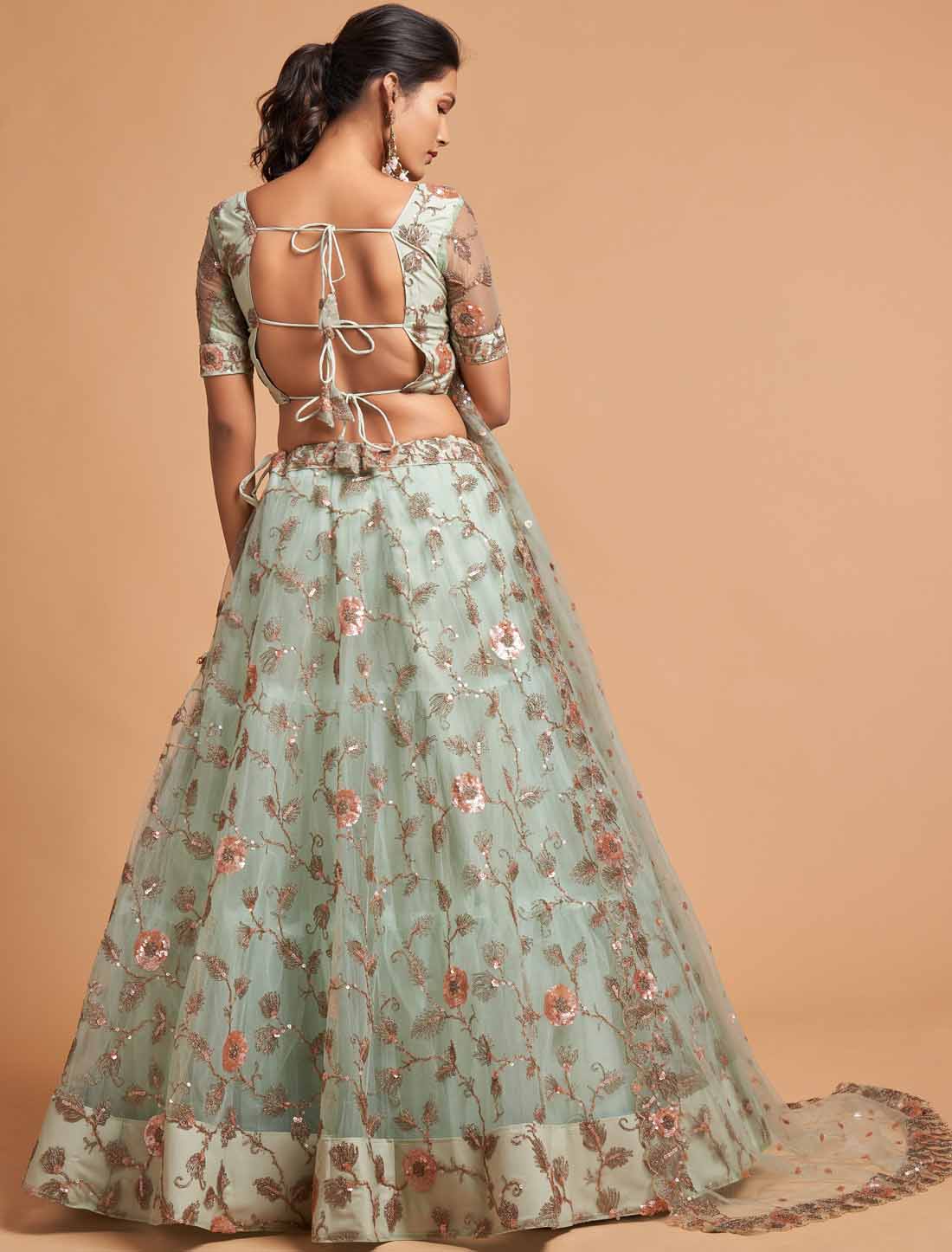Sky Blue Soft Net Zari Badal Dori Thread Embroidery Ethnic Lehenga Chol
