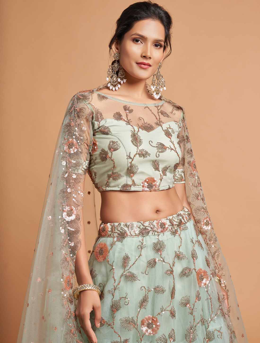 Sky Blue Soft Net Zari Badal Dori Thread Embroidery Ethnic Lehenga Chol