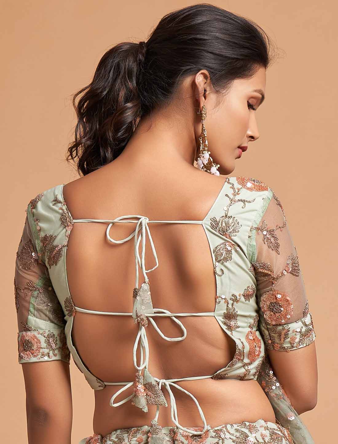 Sky Blue Soft Net Zari Badal Dori Thread Embroidery Ethnic Lehenga Chol