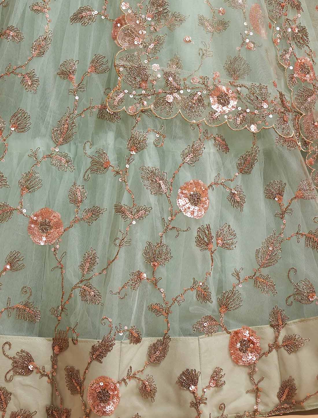 Sky Blue Soft Net Zari Badal Dori Thread Embroidery Ethnic Lehenga Chol