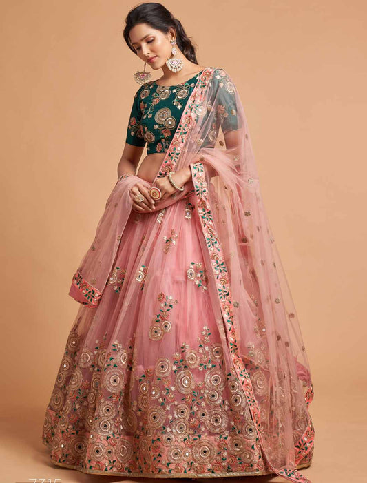 Peach Ethnic Soft Net Thread Zari Dori & Sequins Embroidery Lehenga Choli