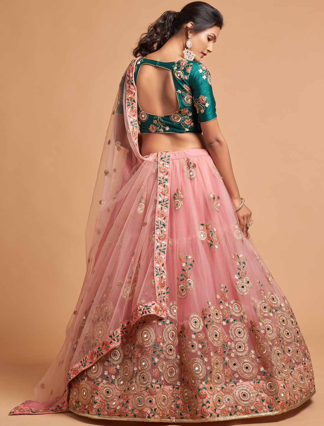 Peach Ethnic Soft Net Thread Zari Dori & Sequins Embroidery Lehenga Choli