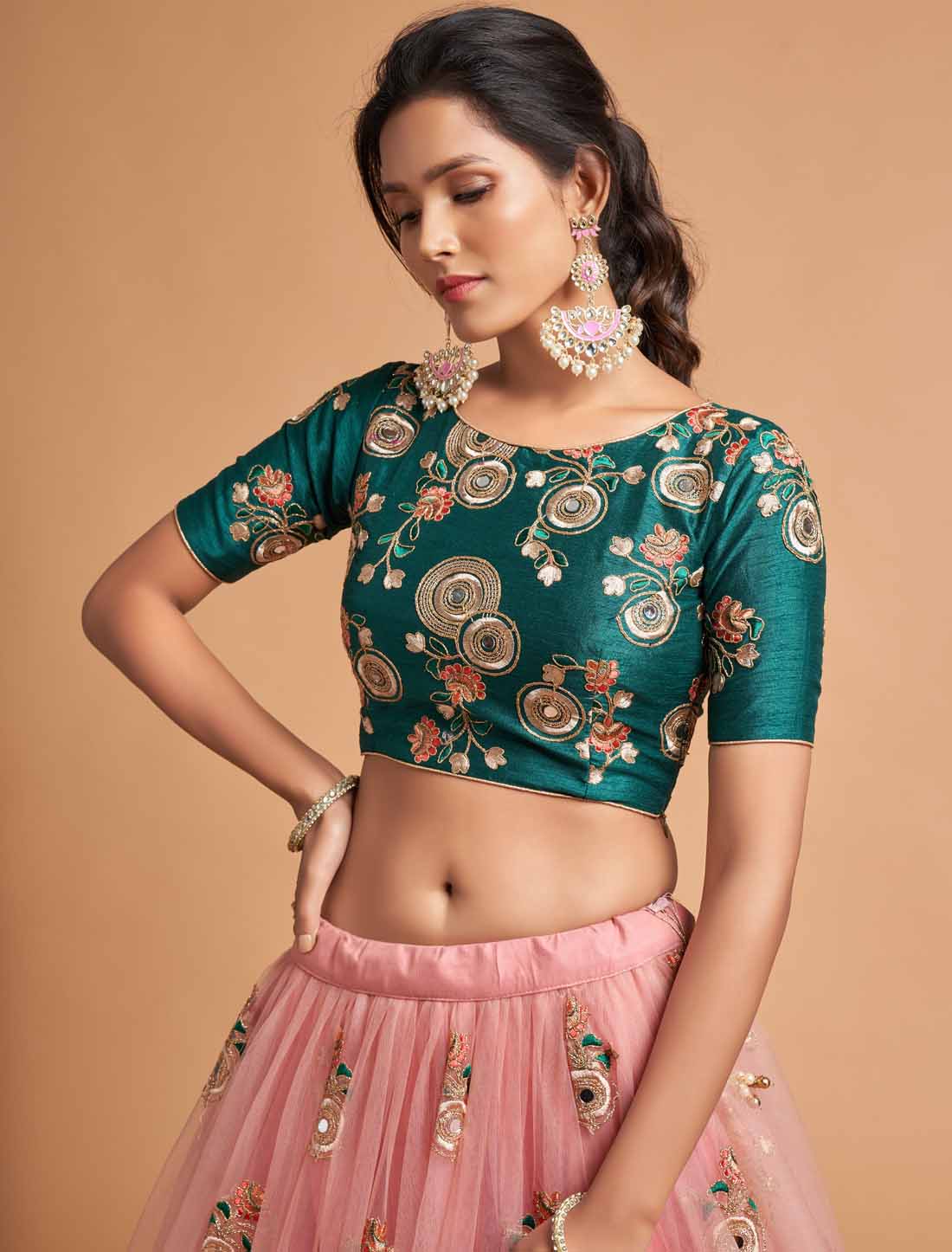 Peach Ethnic Soft Net Thread Zari Dori & Sequins Embroidery Lehenga Choli