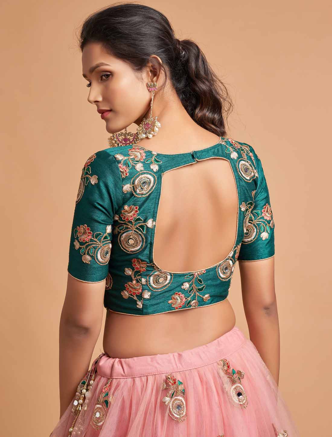 Peach Ethnic Soft Net Thread Zari Dori & Sequins Embroidery Lehenga Choli