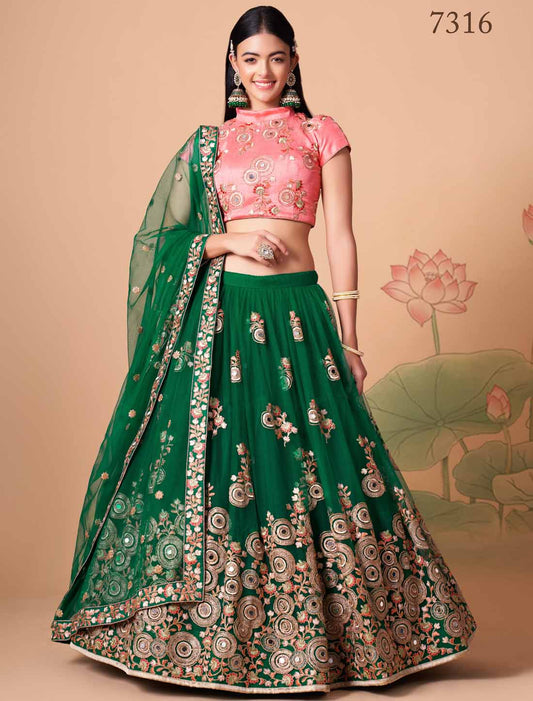 Green Soft Net With Art Silk Thread Zari Embroidery Mirror Lehenga Choli