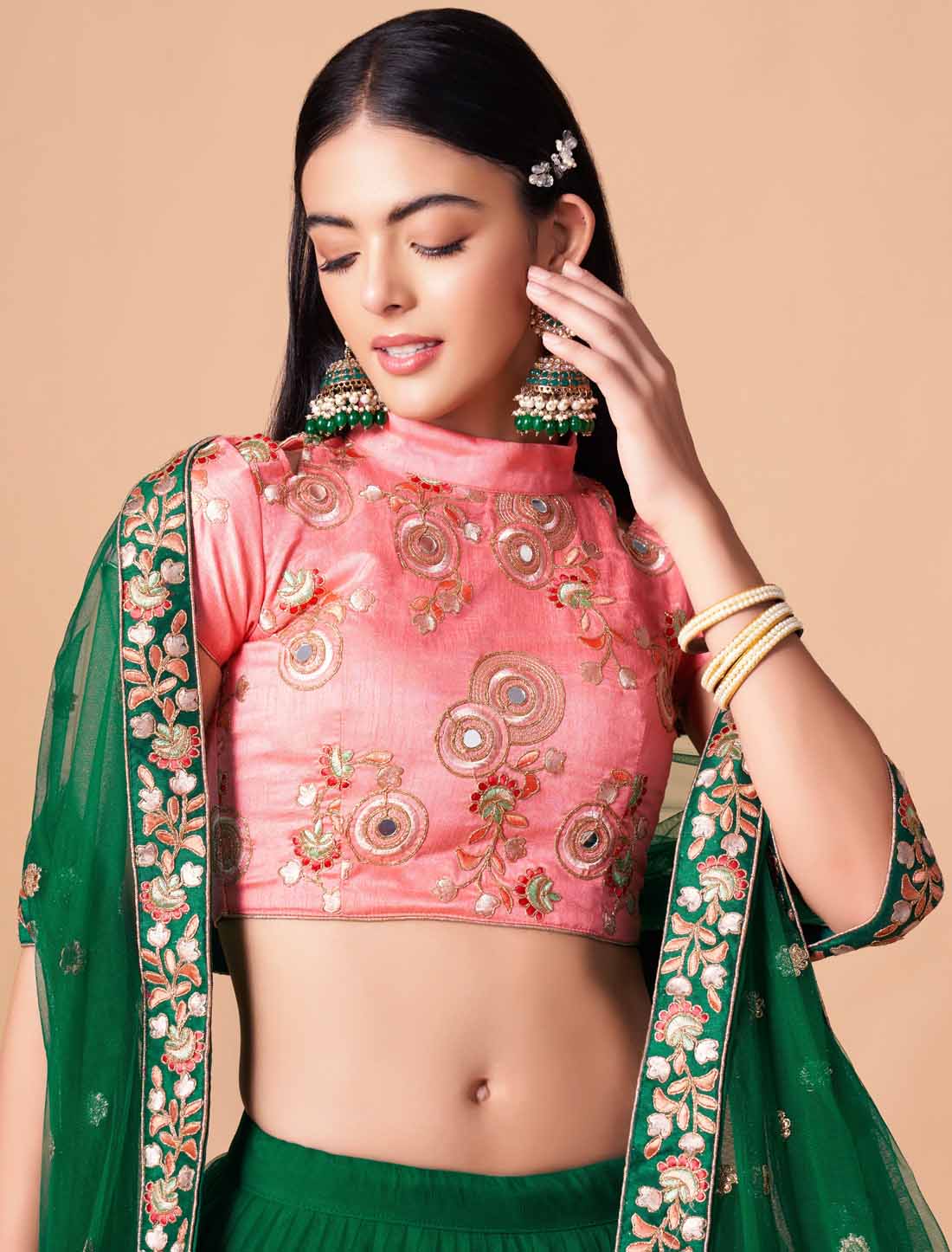 Green Soft Net With Art Silk Thread Zari Embroidery Mirror Lehenga Choli