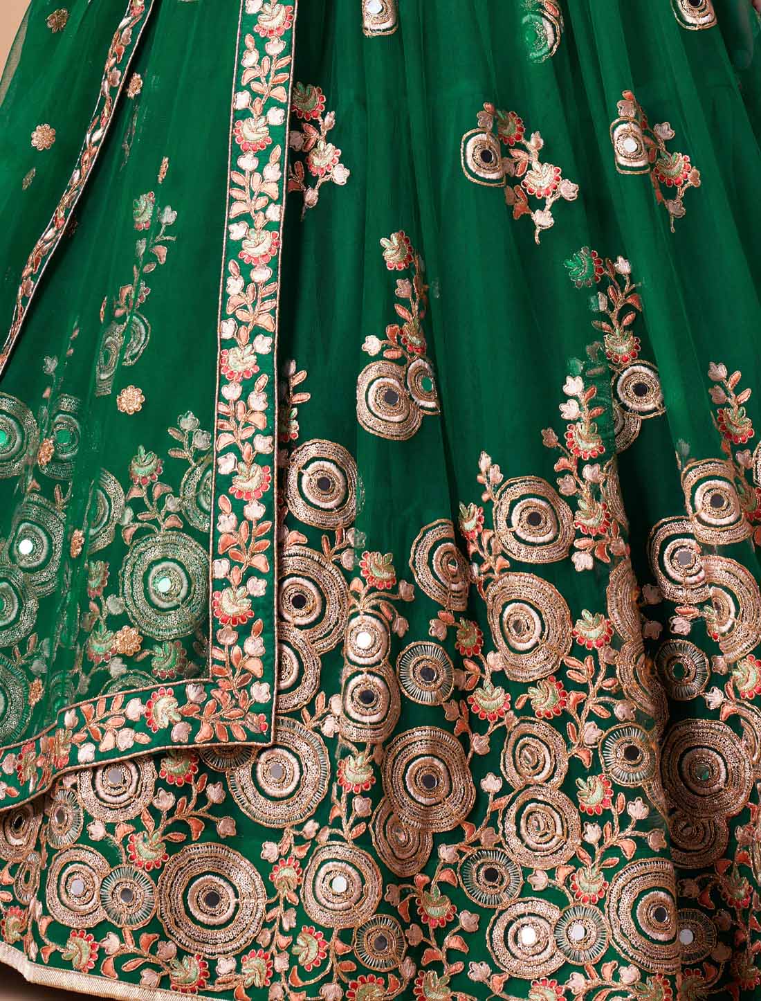 Green Soft Net With Art Silk Thread Zari Embroidery Mirror Lehenga Choli