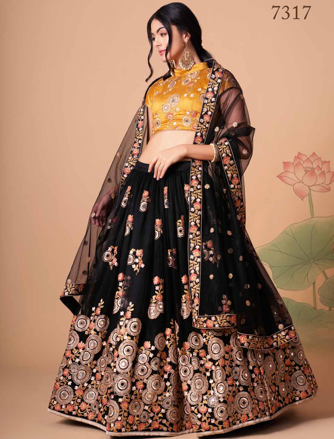 Black Ark Silk With Soft Net Thread Zari Embroidery Mirror Ethnic Lehenga Choli