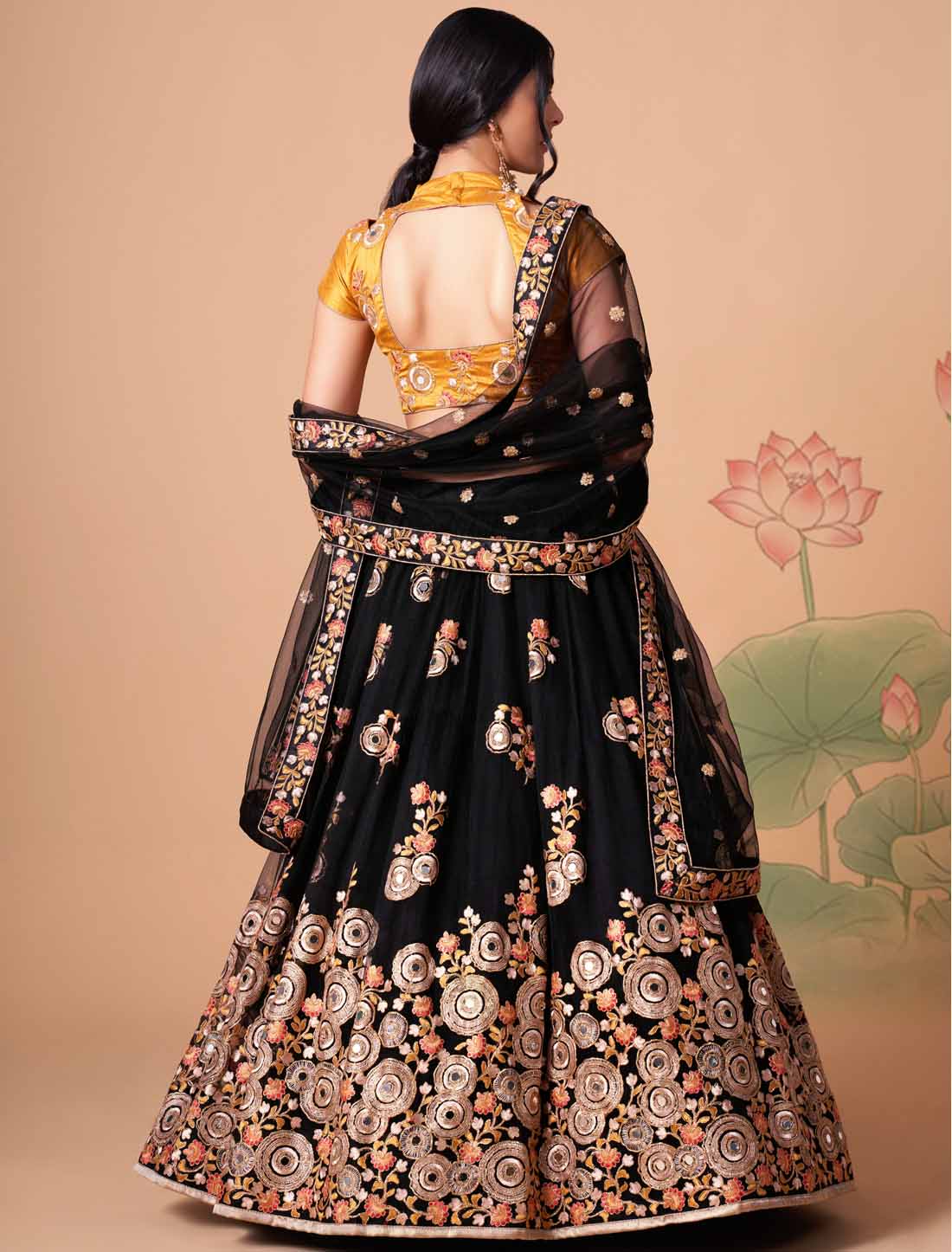 Black Ark Silk With Soft Net Thread Zari Embroidery Mirror Ethnic Lehenga Choli