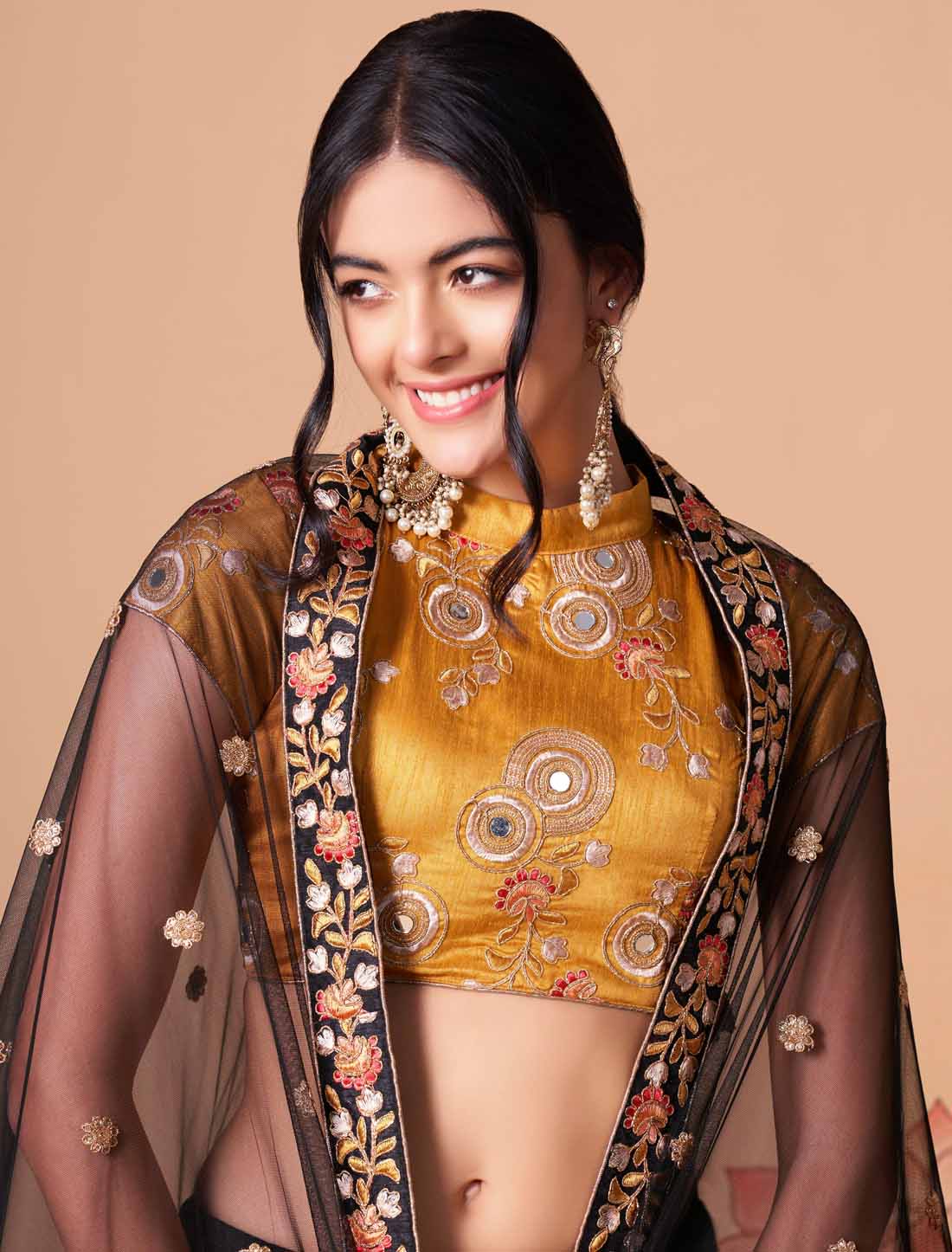 Black Ark Silk With Soft Net Thread Zari Embroidery Mirror Ethnic Lehenga Choli