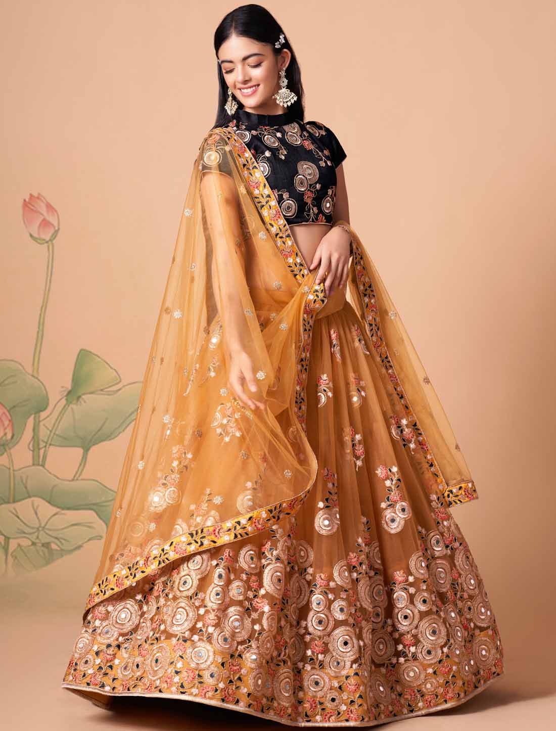 Gold Soft Net With Art Silk Ethnic Thread Zari Embroidery Mirror Lehenga Choli