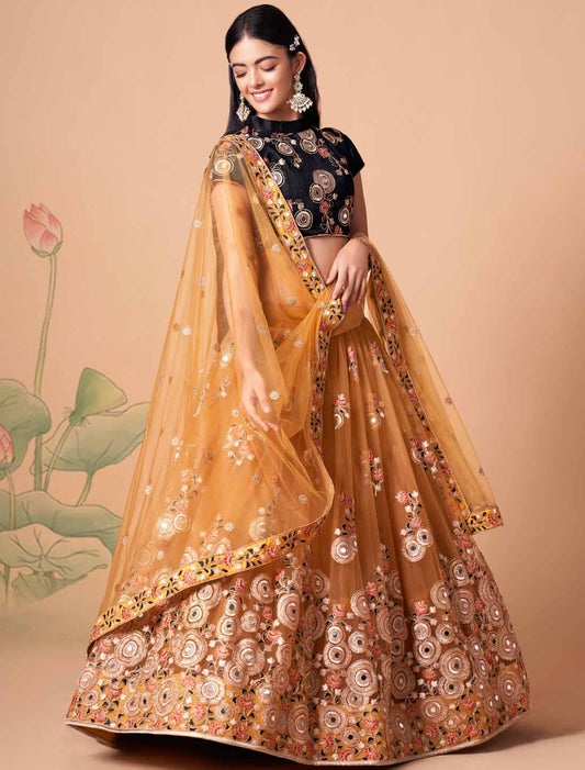 Gold Soft Net With Art Silk Ethnic Thread Zari Embroidery Mirror Lehenga Choli