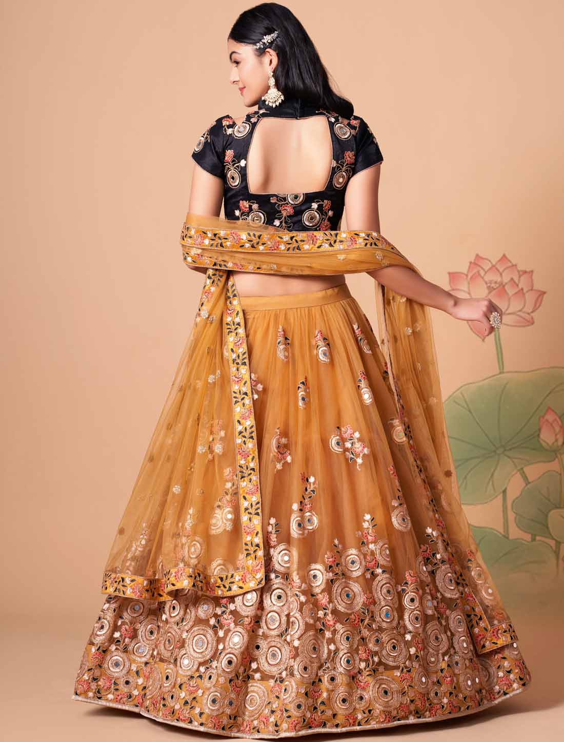 Gold Soft Net With Art Silk Ethnic Thread Zari Embroidery Mirror Lehenga Choli