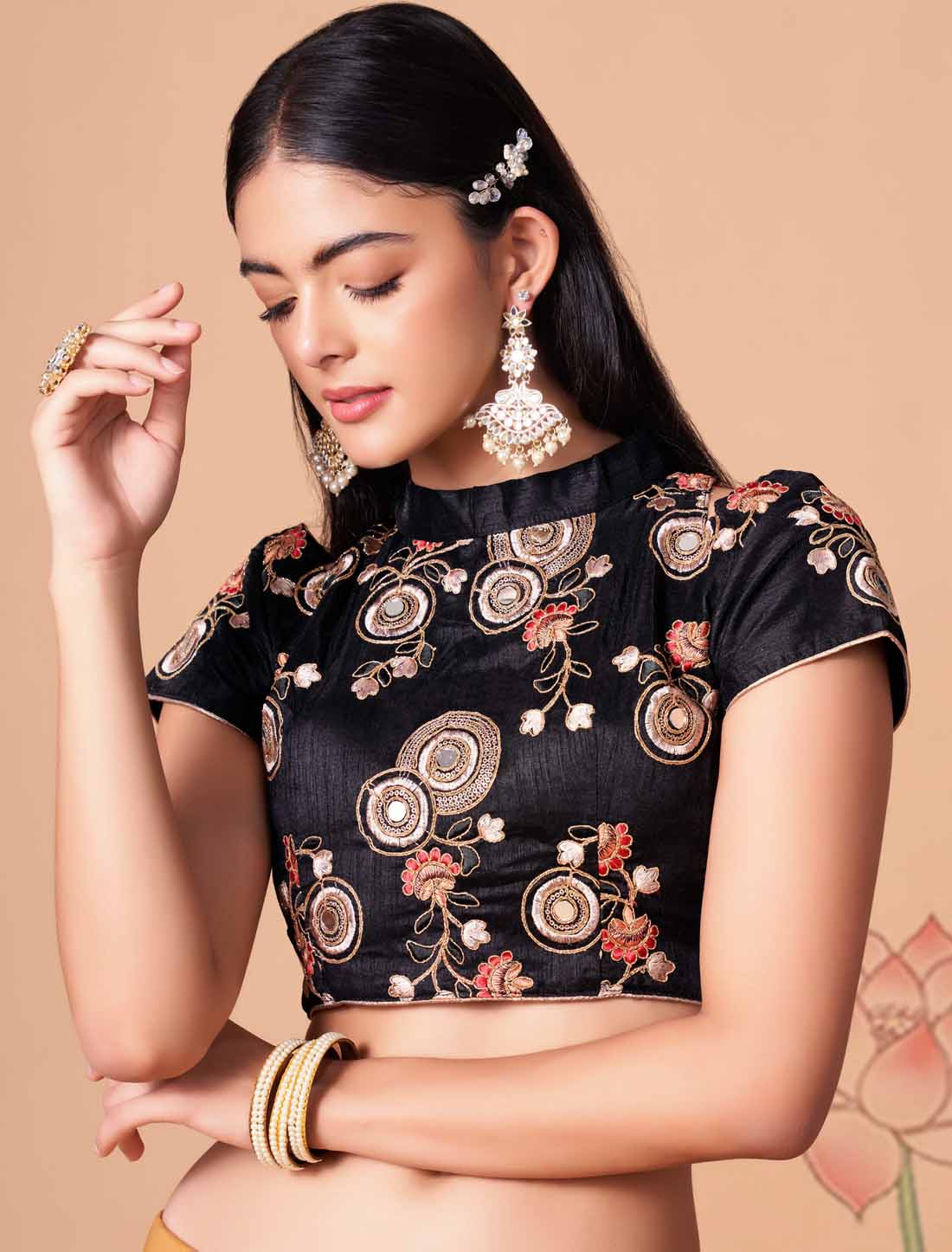 Gold Soft Net With Art Silk Ethnic Thread Zari Embroidery Mirror Lehenga Choli