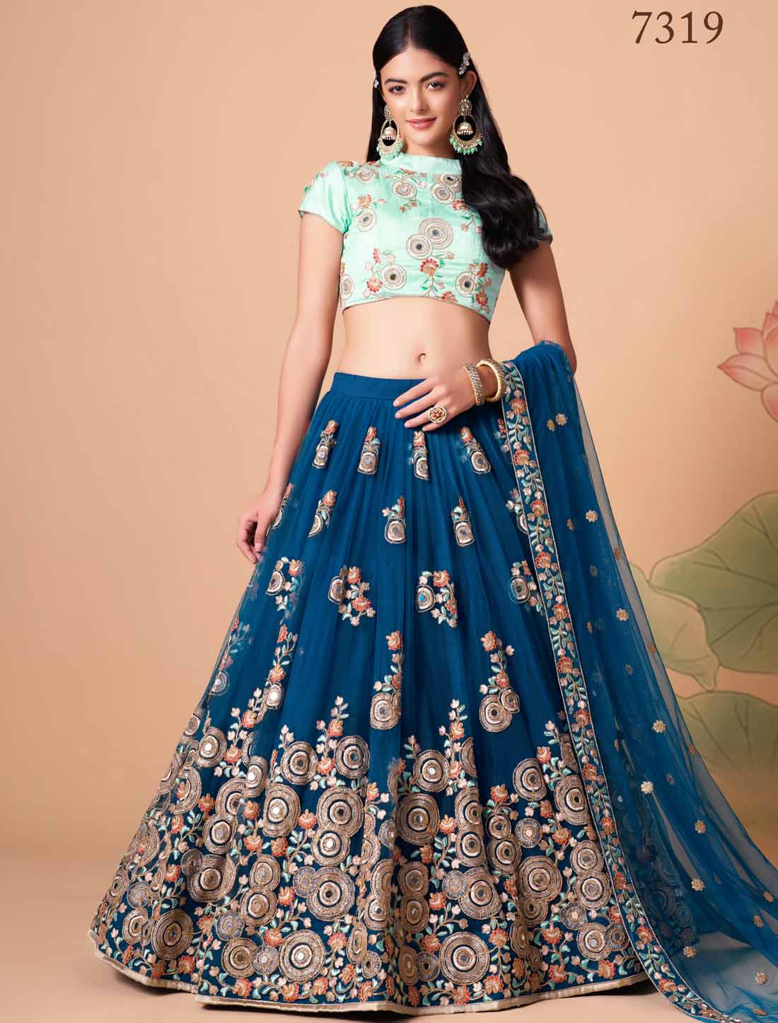 Dove Blue Soft Net With Art Silk Thread Zari Embroidery Mirror Lehenga Choli