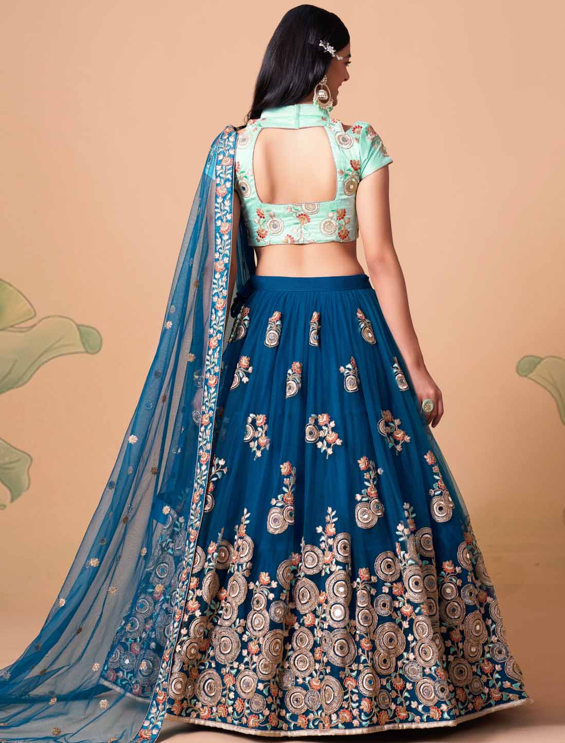 Dove Blue Soft Net With Art Silk Thread Zari Embroidery Mirror Lehenga Choli