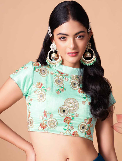 Dove Blue Soft Net With Art Silk Thread Zari Embroidery Mirror Lehenga Choli