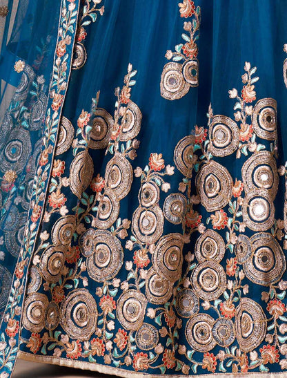 Dove Blue Soft Net With Art Silk Thread Zari Embroidery Mirror Lehenga Choli