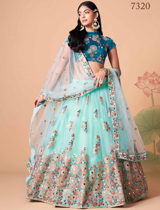 Sky Blue Soft Net With Art Silk Thread Zari Embroidery Mirror Lehenga Choli