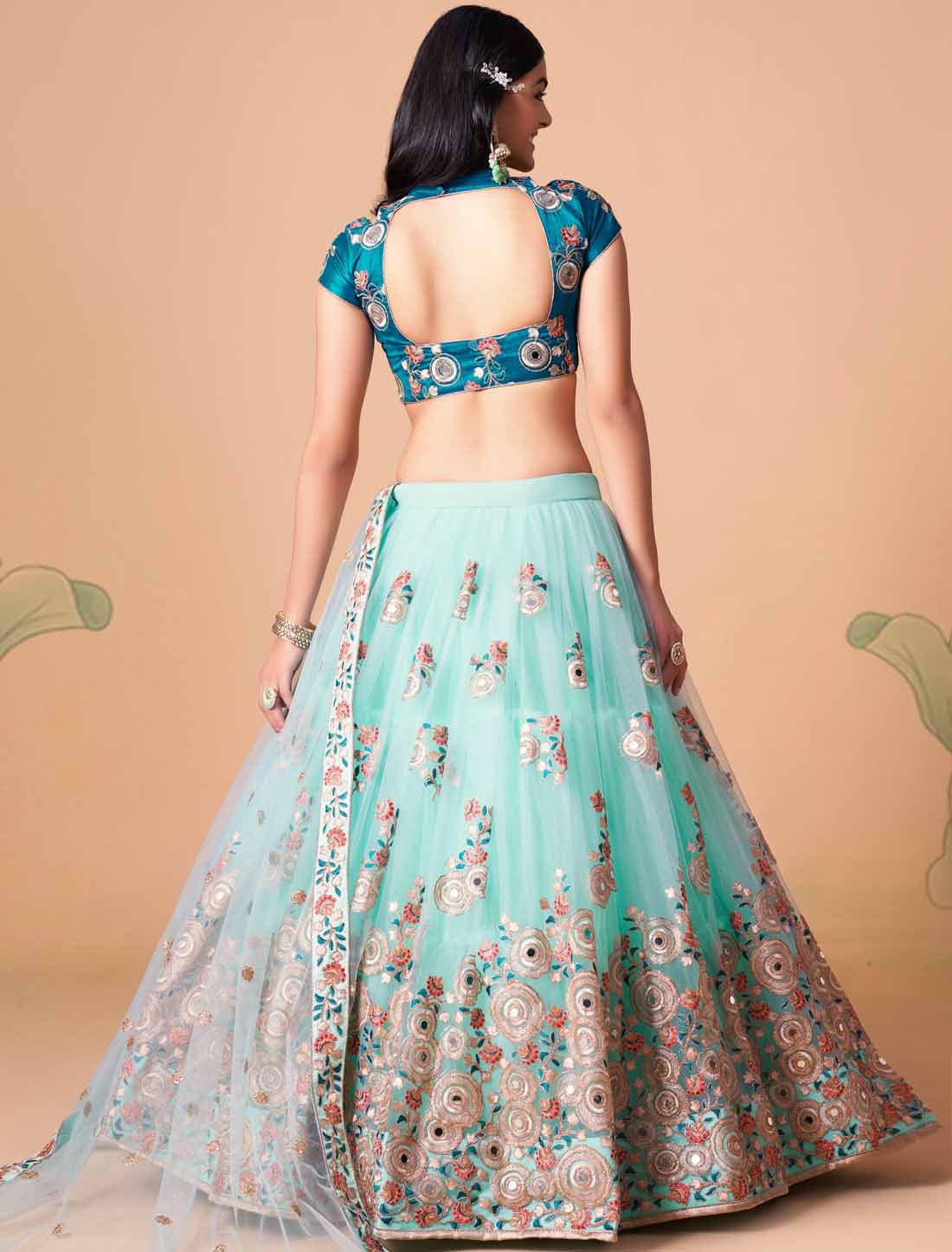 Sky Blue Soft Net With Art Silk Thread Zari Embroidery Mirror Lehenga Choli
