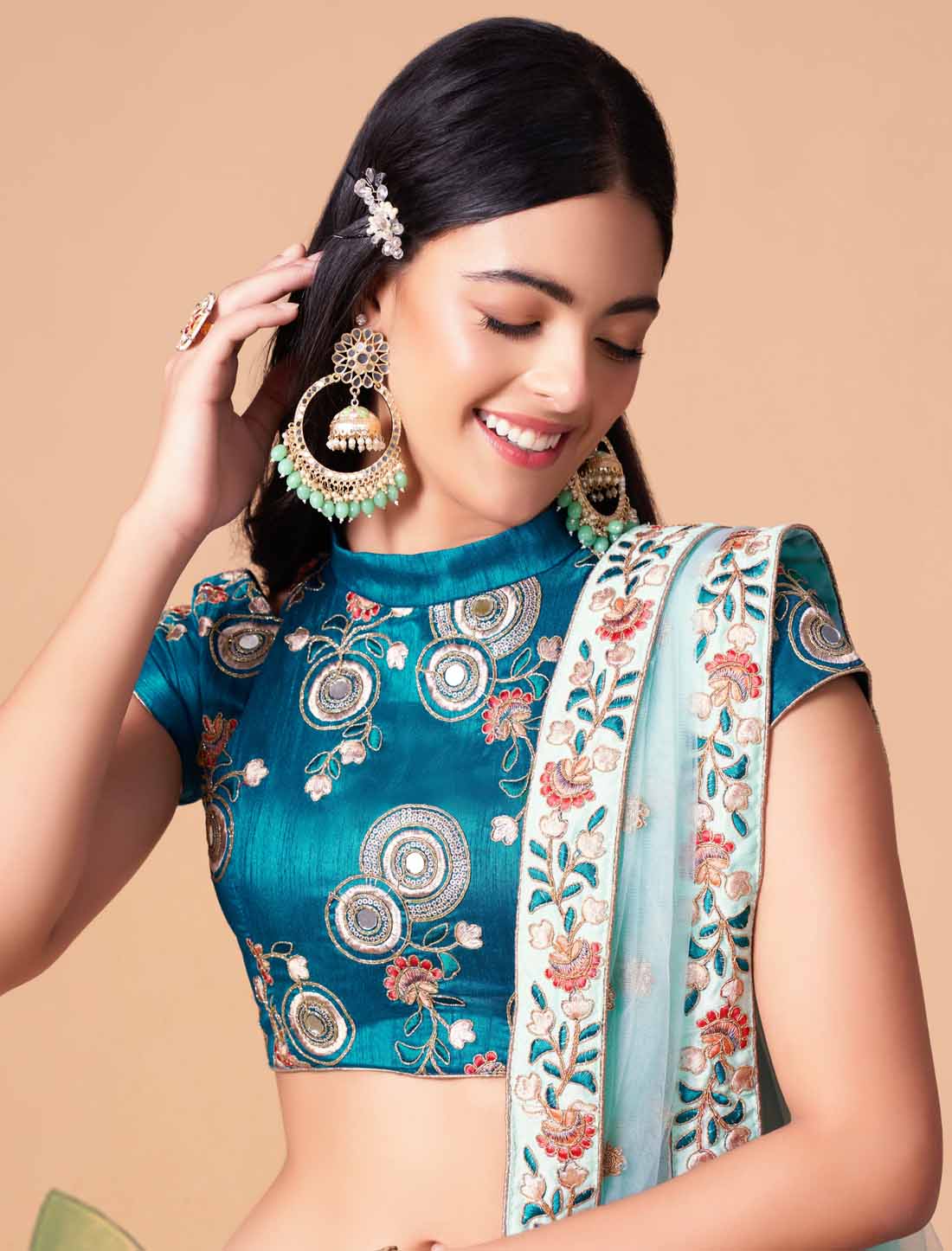 Sky Blue Soft Net With Art Silk Thread Zari Embroidery Mirror Lehenga Choli