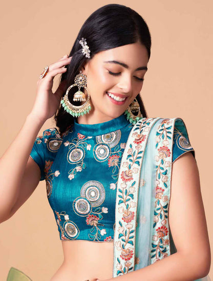 Sky Blue Soft Net With Art Silk Thread Zari Embroidery Mirror Lehenga Choli