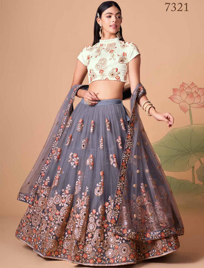 Grey Soft Net With Art Silk Thread Zari Embroidery Mirror Ethnic Lehenga Choli