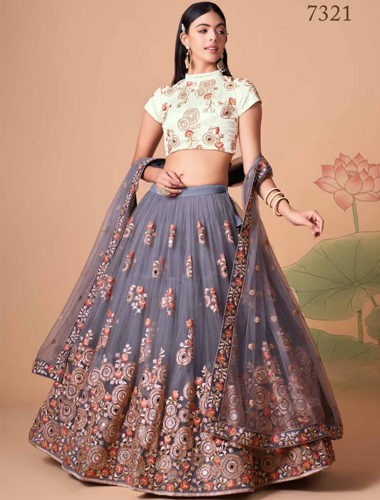 Grey Soft Net With Art Silk Thread Zari Embroidery Mirror Ethnic Lehenga Choli
