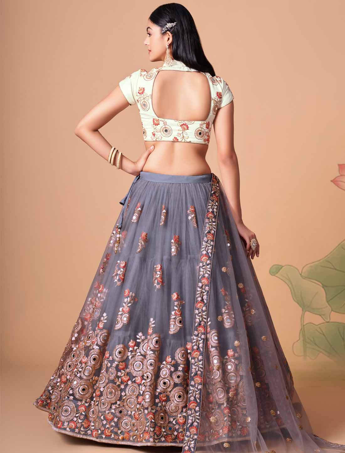 Grey Soft Net With Art Silk Thread Zari Embroidery Mirror Ethnic Lehenga Choli