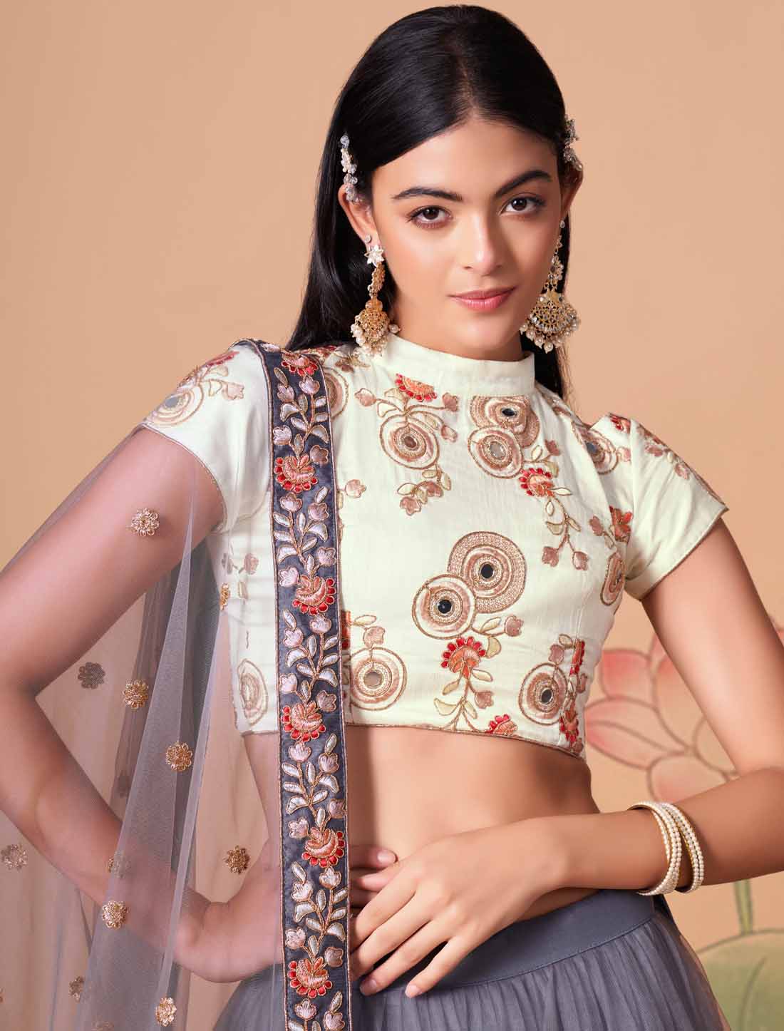 Grey Soft Net With Art Silk Thread Zari Embroidery Mirror Ethnic Lehenga Choli