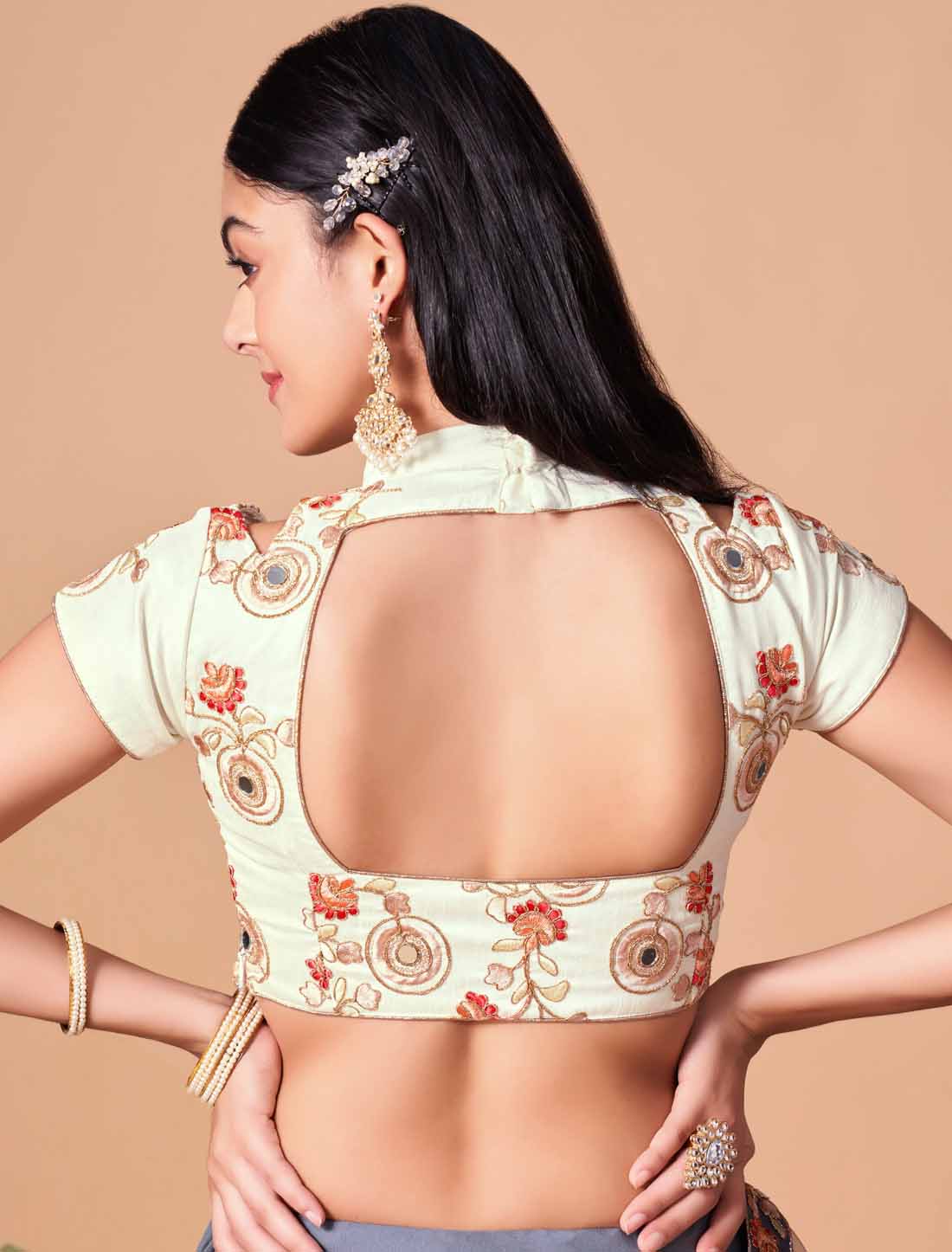 Grey Soft Net With Art Silk Thread Zari Embroidery Mirror Ethnic Lehenga Choli