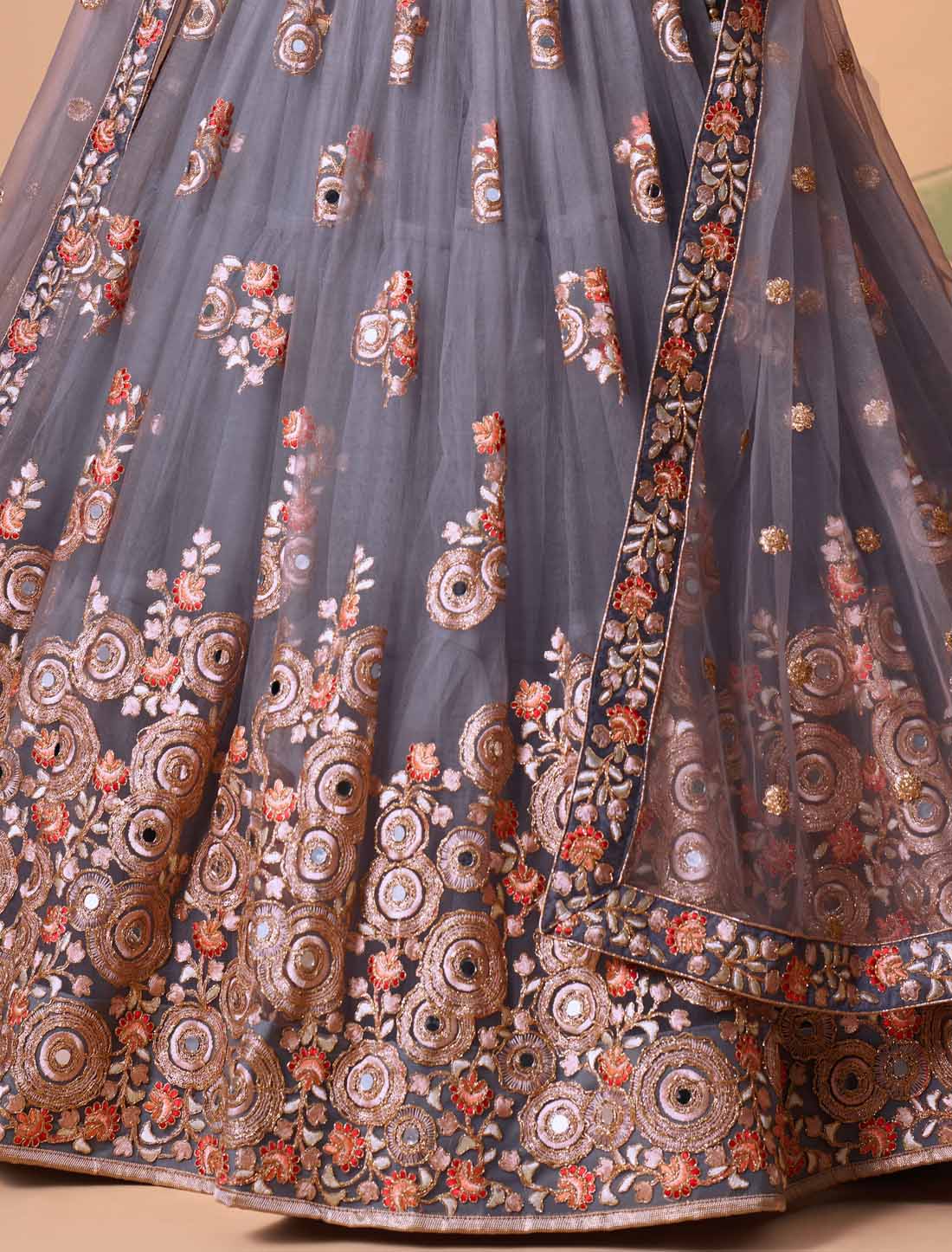 Grey Soft Net With Art Silk Thread Zari Embroidery Mirror Ethnic Lehenga Choli