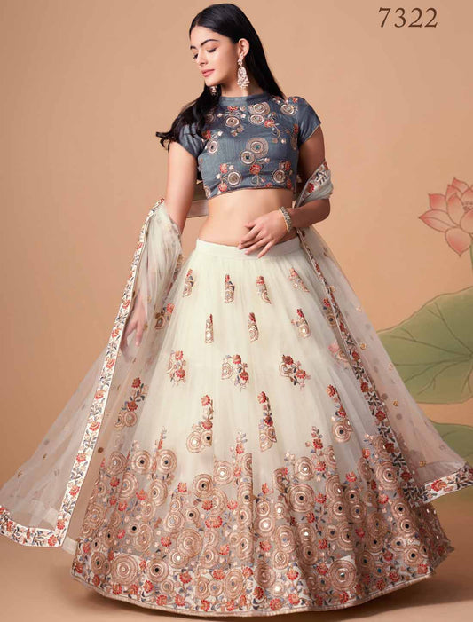 Off White Soft Net With Art Silk Thread Zari Embroidery Mirror Lehenga Choli