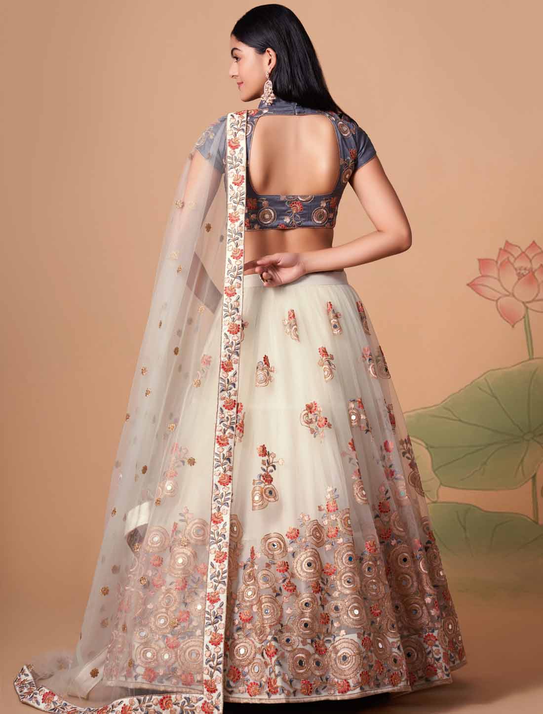 Off White Soft Net With Art Silk Thread Zari Embroidery Mirror Lehenga Choli