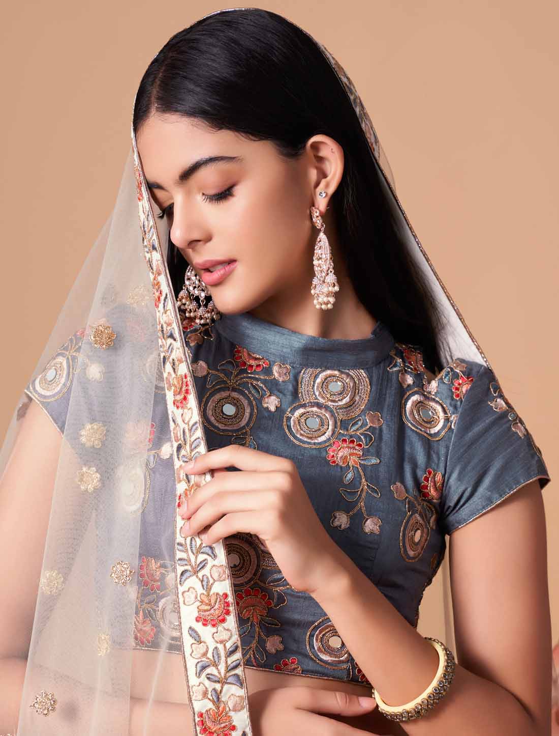 Off White Soft Net With Art Silk Thread Zari Embroidery Mirror Lehenga Choli